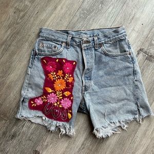 Vintage Levis 501 Denim Shorts with Hand Embroidered Patch Waist Size 30, Small